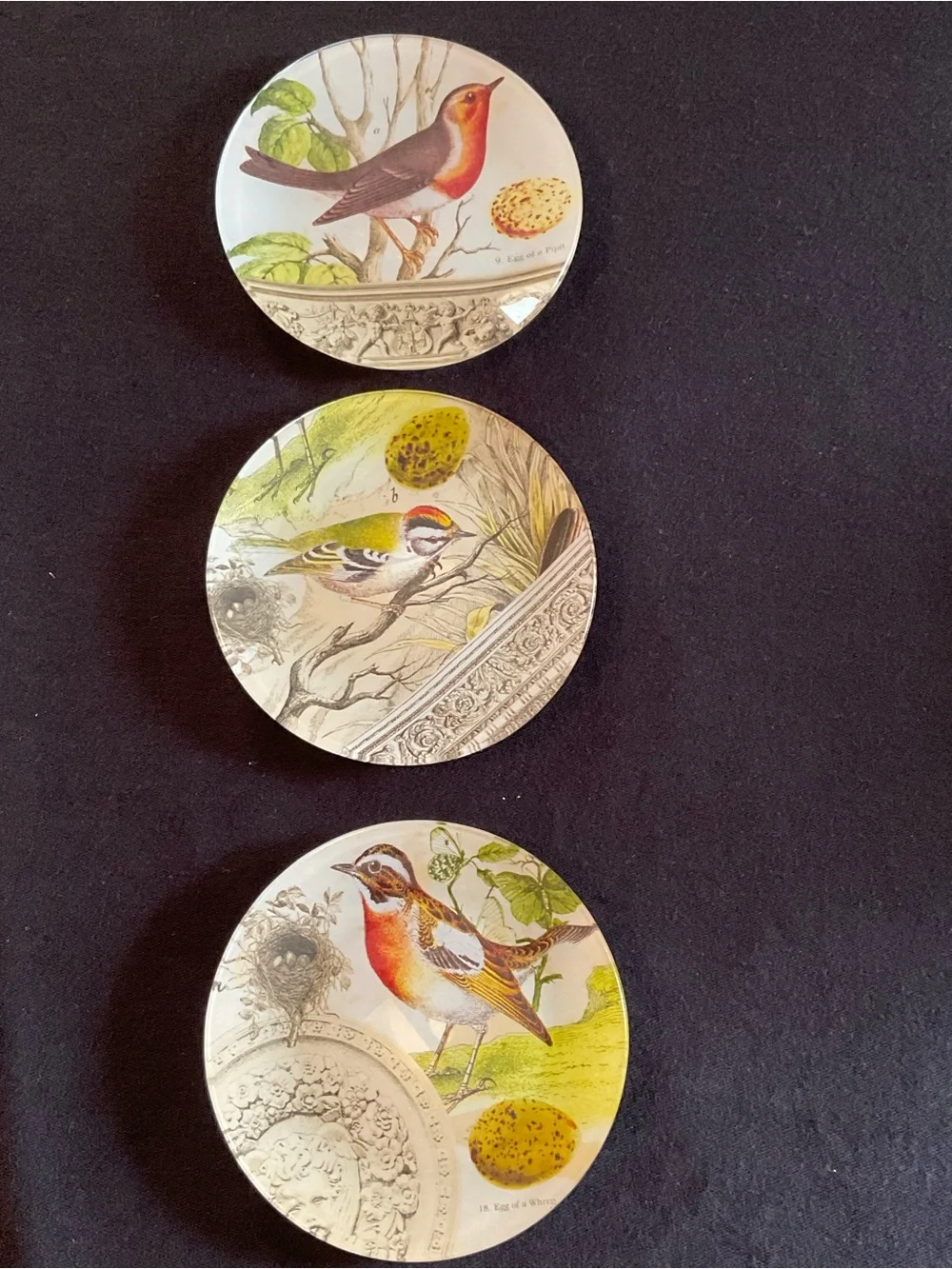 Vintage French Country Decoupage Glass Bird Plates, Each 6” in Diameter Set of 3